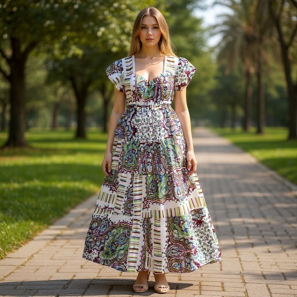 Vanya Desire Maxi Dress Women L Sheer Paisley Boho Tiered Flutter Sleeve Fetival